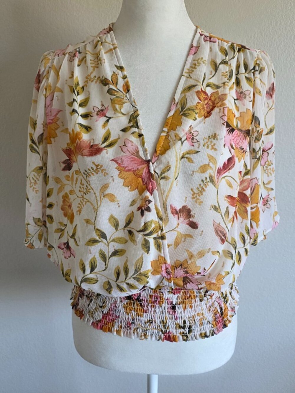 Floral V-Neck Smocked Waist Blouse - White/Pink/Gold